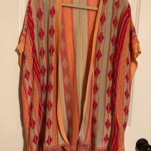 rue 21 Cardigan Aztec With Fringe S/M Coral Turquoise Dark Pink oversized